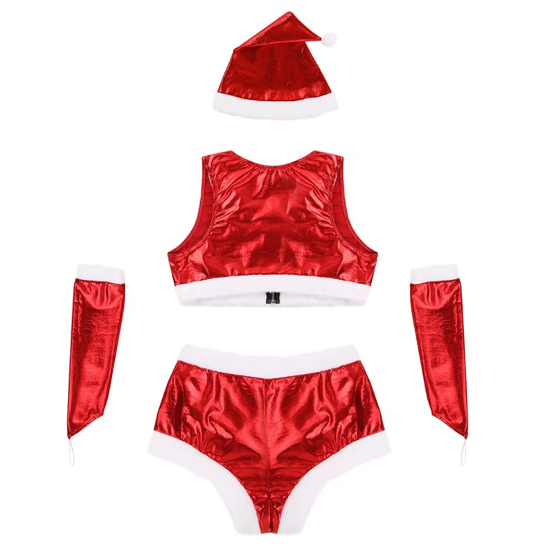 4 шт., женский костюм Санта-Клауса для рождественской вечеринки, белый фланелевый укороченный топ, шорты, шапка, перчатки, наряд