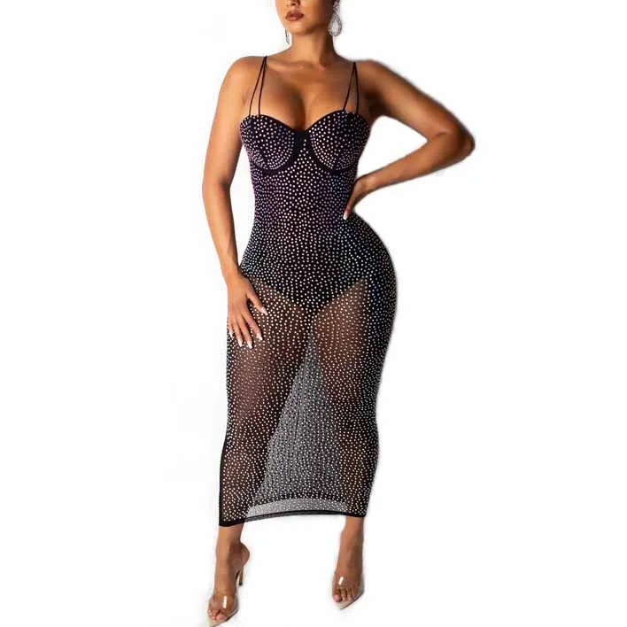 Mode Mooie Zomer Vrouwen Bodycon Party Dress Sexy Backless Spaghettibandjes Mesh Jurk Pop Boor See Through Club Maxi Jurk