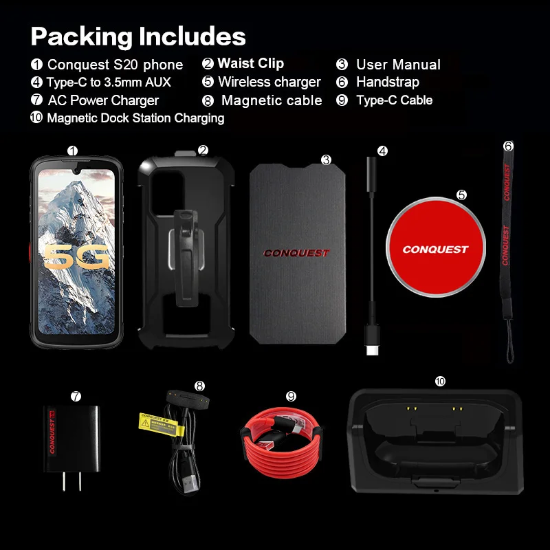 CONQUEST S20 5G Night Vision Smartphone IP68 Waterproof 48MP Four Camera 8GB RAM 256GB ROM 6.3 Inch Global Version Mobile Phones