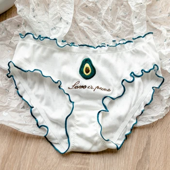 

Cute Strawberry Avocado Embroidery Panties Women's Mid-waist Breathable Girls Comfortable Ruffle Sweet Briefs Student Underpants