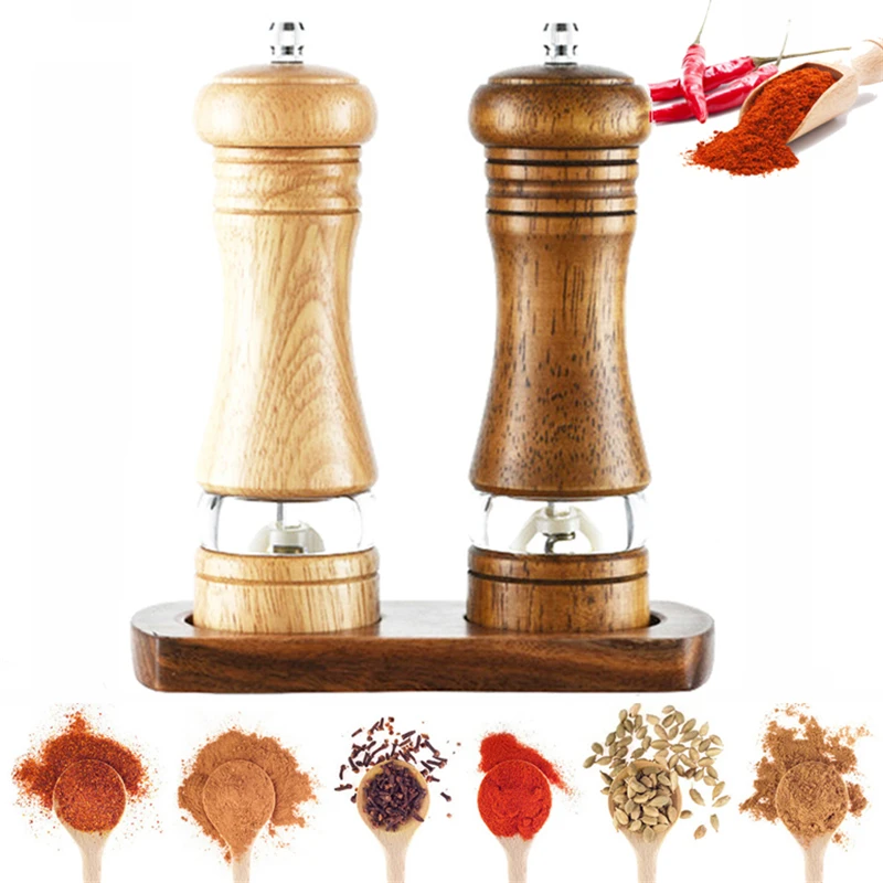 Wooden Salt And Pepper Mill With Wood Holder Manual Pepper Grinder Set Adjustable Ceramic Rotor Seasoning Spice Grinder