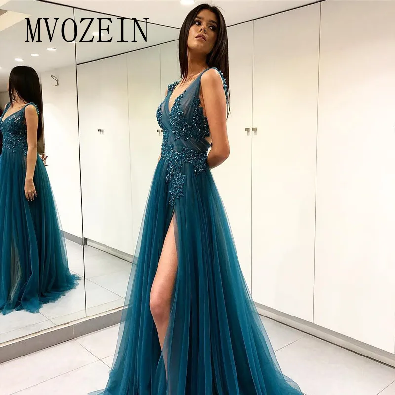 

2019 Hot Evening Dresses Long Tulle A-Line V-Neck Sleeveless High Split Floor Length Evening Dress vestido de festa