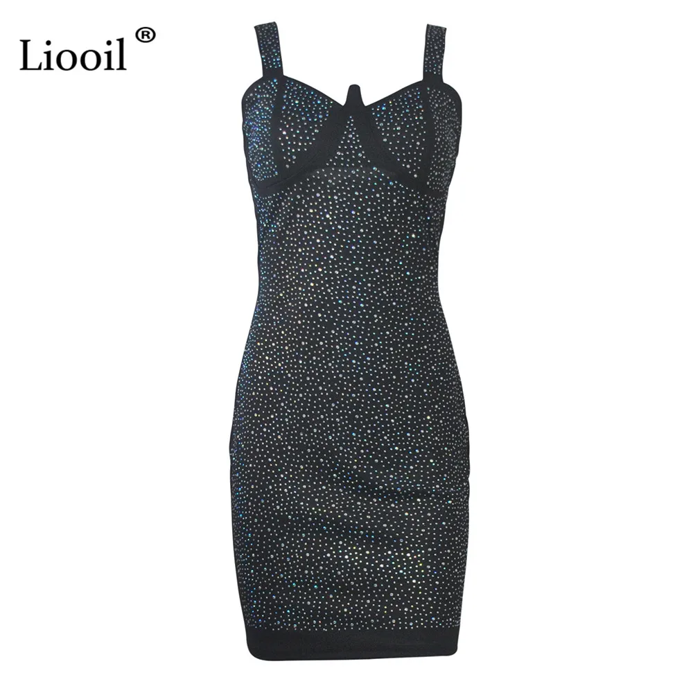 Liooil, сексуальное, стразы, облегающее, мини платье, для женщин, Клубная одежда,, без рукавов, на молнии, черный, синий, со стразами, облегающее, для ночного клуба, вечерние платья