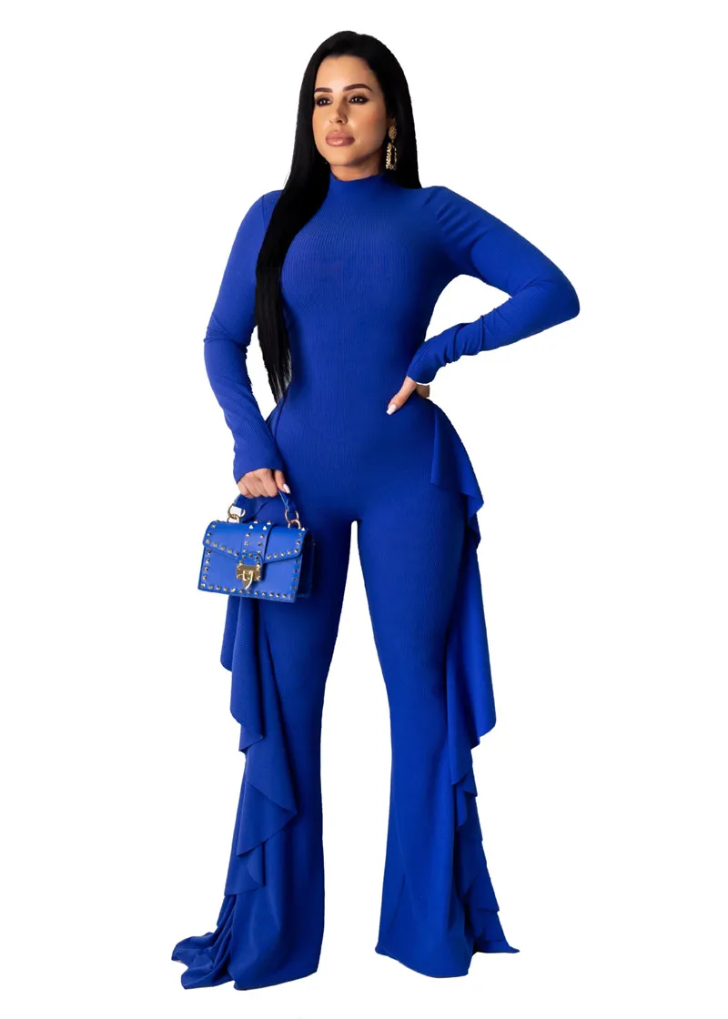 blue jumpsuit Adogirl, однотонный, синий, черный, с оборками, трикотажный, в рубчик, комбинезон, Осень-зима, с воротником, с длинным рукавом, с открытой спиной, Женский Повседневный Комбинезон - Цвет: blue jumpsuit