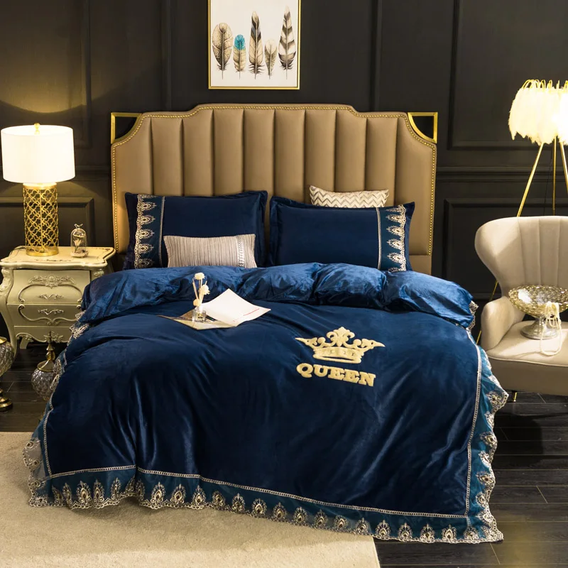 

Crystal Velvet Warm Luxury Style Home Soft Duvet Cover Pillowcases Bed Sheet 4 Pcs Bed Set Lace Queen King Navy Blue Brown Light