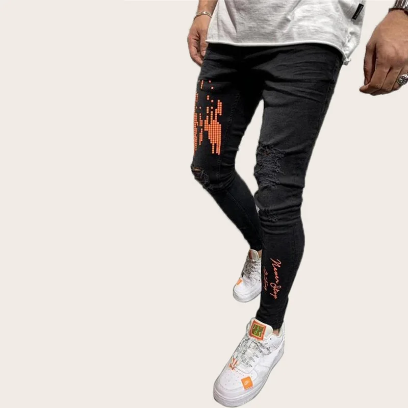 Мужские облегающие джинсы в байкерском стиле черные с принтом 2019|Джинсы| |