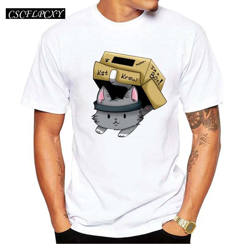 

Cat In A Box Men T-Shirt 2019 Summer Short Sleeve T Shirt Fashion Solid Kitty Printed Tee O-Neck Casua; Tops