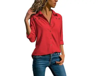 Женские повседневные шифоновые рубашки размера плюс на весну и осень, женские рубашки с v-образным вырезом и пуговицами, блузы с длинным рукавом, Женские однотонные офисные блузки - Цвет: redA