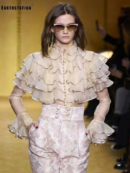 

Heavy craft cascading lotus leaf single-row buttons chiffon shirt ladies spring and summer new fashion personality wild