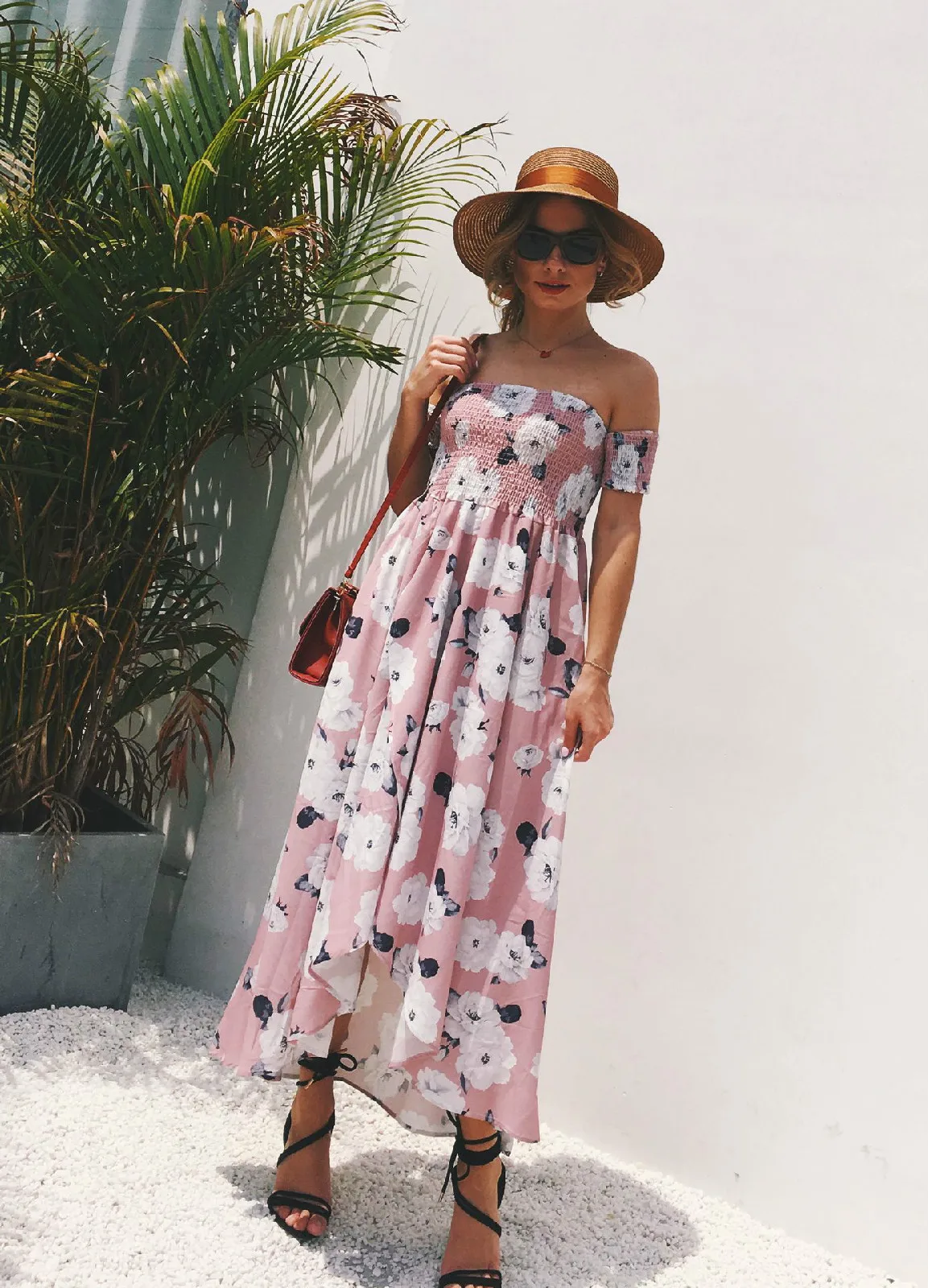 

Europe and the United States explosion sexy One word collar Off-the-shoulder wrapped chest print slit chiffon beach long dress