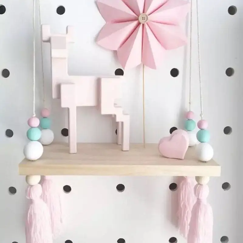

INS Style Wooden Storage Rack Kids Room Decorative Wall Shelf With Beads Tassel For Baby Clothes Toys Organizer Holder 38*14*1cm
