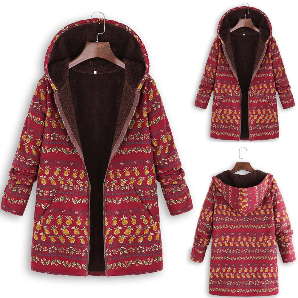 Женская куртка, плюшевое пальто, женские куртки с капюшоном, зимняя теплая верхняя одежда, карманы с цветочным принтом, винтажное ветрозащитное пальто большого размера# G3