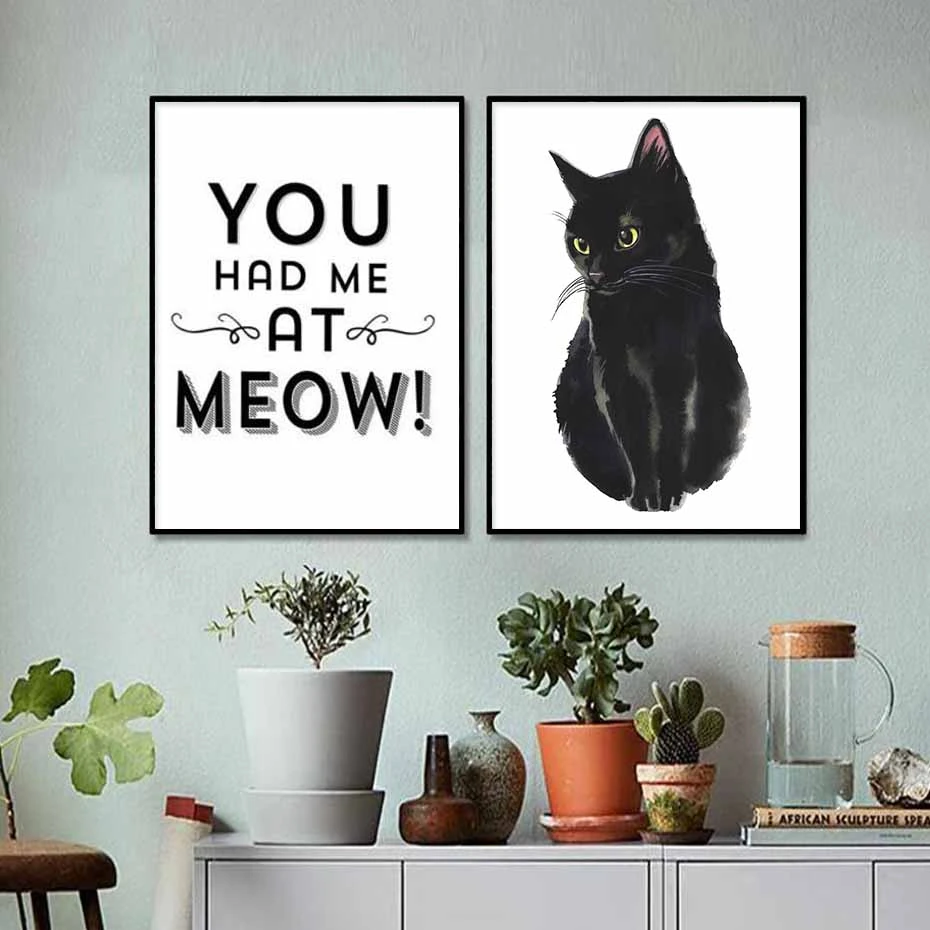 Плакат You and Me at Meow с изображением черной кошки и животных настенная живопись