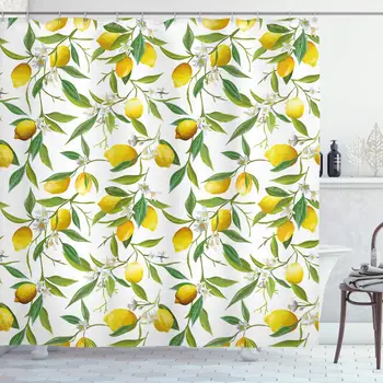 

Nature Shower Curtain Flowering Lemon Woody Plant Romance Habitat Citrus Fresh Background Cloth Fabric Bathroom Decor Set