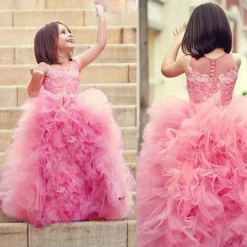 Gorgeous Pink Lace Flower Girl Dress Ball Gown Big Bottom O Neck Kids Party Pageant Gowns | Детская одежда и обувь