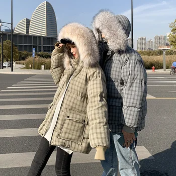 

2019 Winter New Trend Men's Plaid Thick Loose Couple Hooded Big Fur Collar Casual Student Cotton Bread