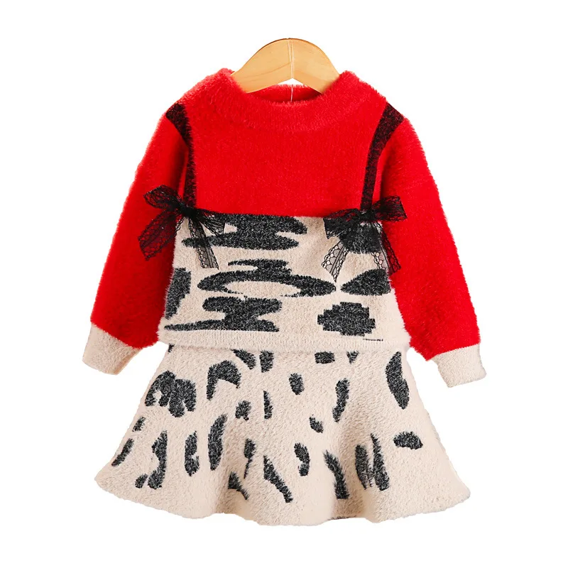 

High Quality Girls Sweater Set 2019 Autumn and Winter New Girls Imitation Hair Children Sweater + A Word Skirt Leopard Two-piece
