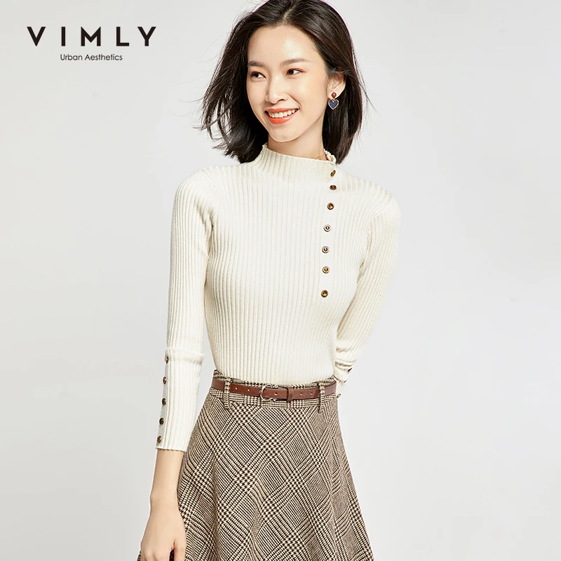 Vimly 2020 Spring Autumn Women Knitted Pullovers Tops Fashion Solid Stand Collar Buttons Slim OL Elegant Female Sweater 99157 | Женская