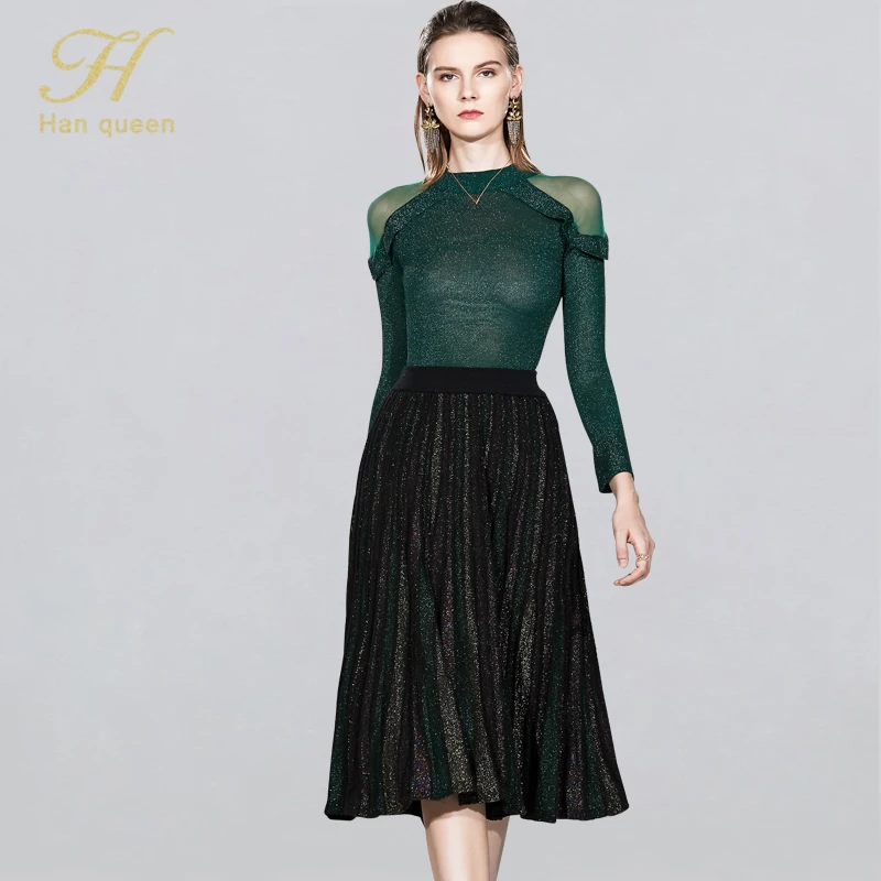green H Han queen костюмы из 2 предметов женские весенние сетчатые сшитые яркие шелковые свитера и плиссированные юбки с эластичной талией винтажный повседневный комплект для работы - Цвет: green