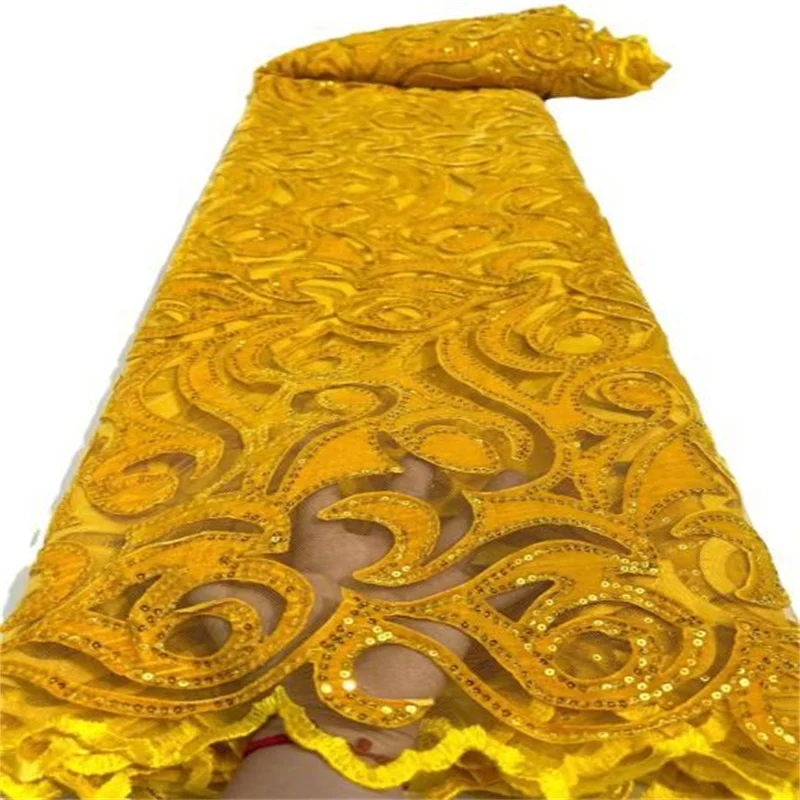 

Gold African Sequins Lace Fabric High Quality Nigerian French Lace for Party Embroidery Velvet Lace in Switzerland Wedding
