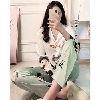 

Online Celebrity Hot Selling Pajamas Women's Silk Spring Summer Long Sleeve Cute Cartoon Cardigan Homewear Set 1783