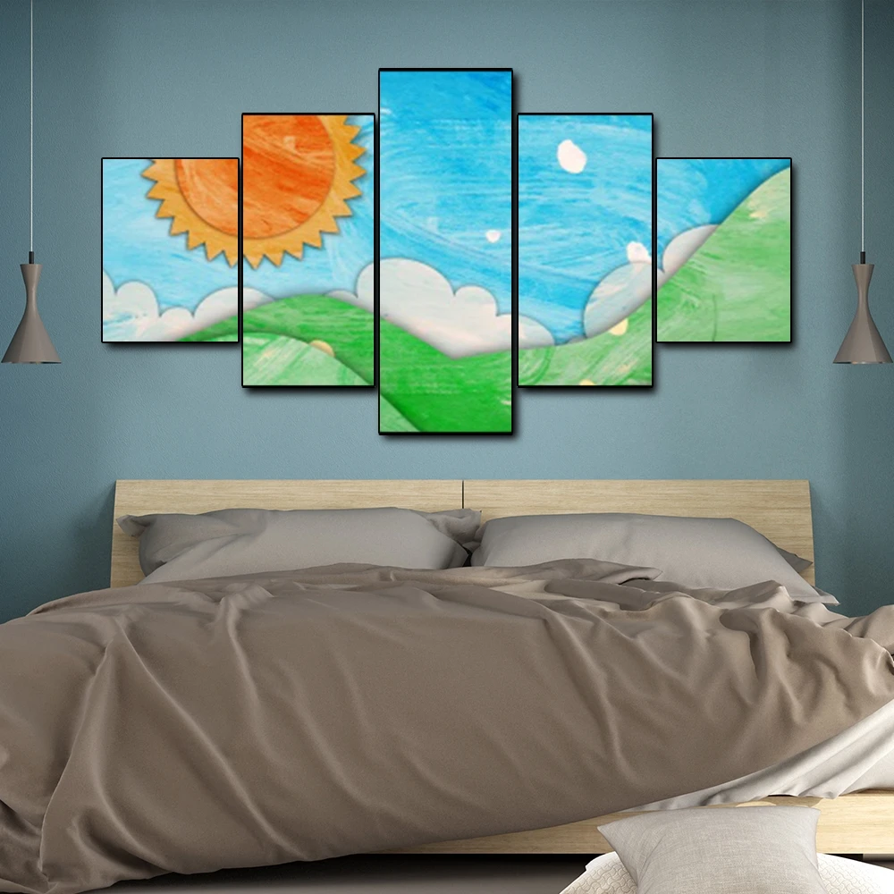 Canvas Art Oil Painting Blue sky & sun Rolling grass Cartoon Art Poster Picture Wall Decor Home Decoration For Kids Bedroom Canvas Art Oil Painting Blue sky & sun Rolling grass Cartoon Art Poster Picture Wall Decor Home Decoration For Kids Bedroom