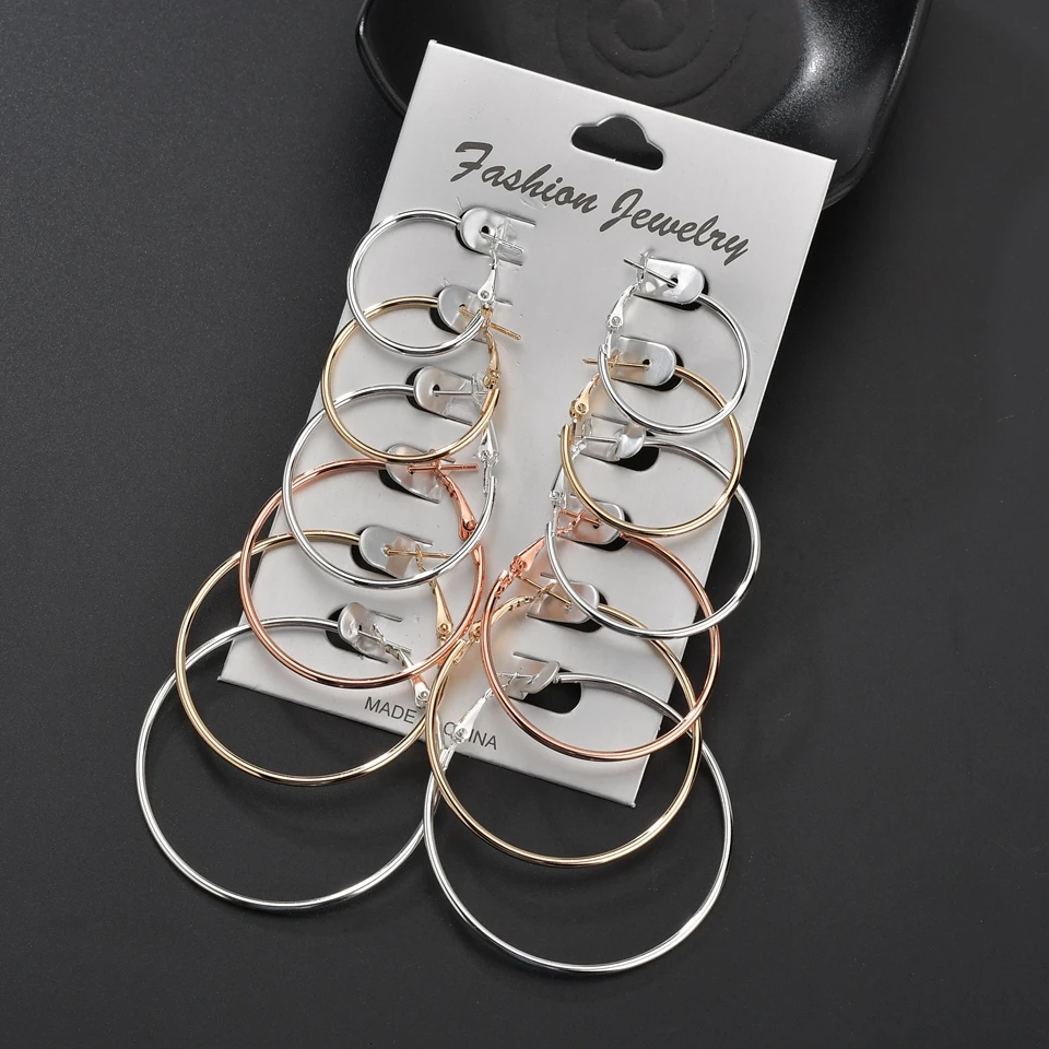 

6 Pair/set Small Gold Statement Earrings Big Round Silver Hoop Earrings For Women Circle Woman Holiday Jewelry Earring Sets