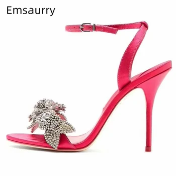 

New 2020 Jeweled Flower Gladiator Sandals Women Thin High Heels Ankle Strap Satin Rhinestone Summer Sandalias De Mujer