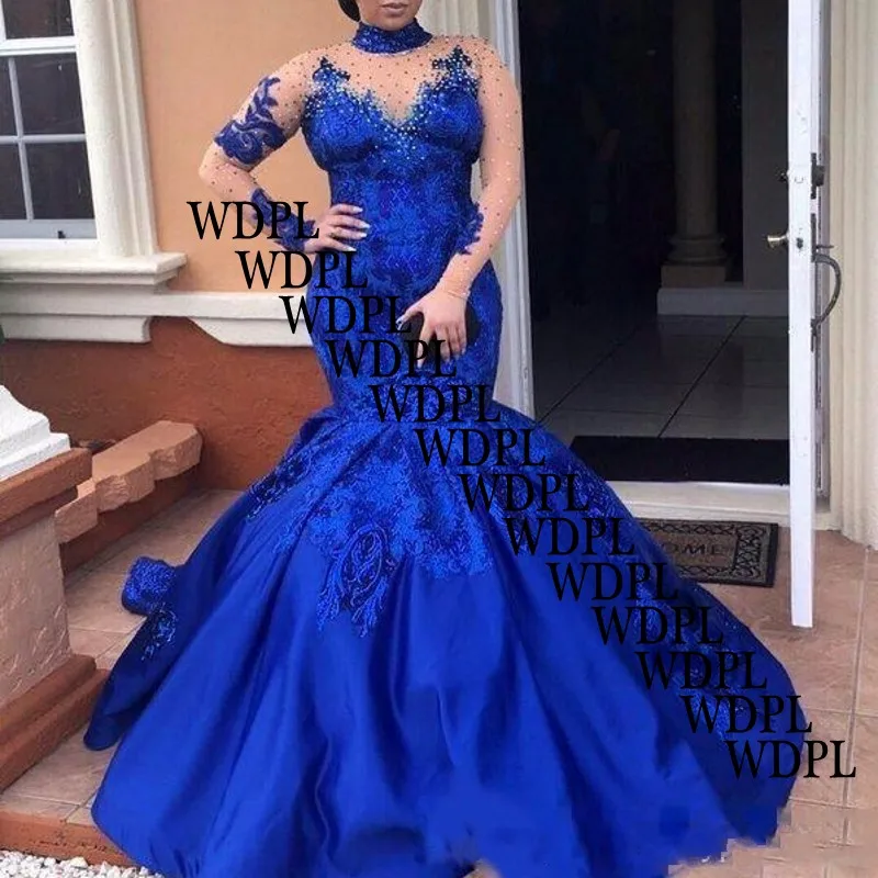 abiye Royal Blue Evening Dresses High Neck Long Sleeves Lace Appliques Evening Gowns Plus Size Satin Mermaid Formal Wear Elegant black ball gown