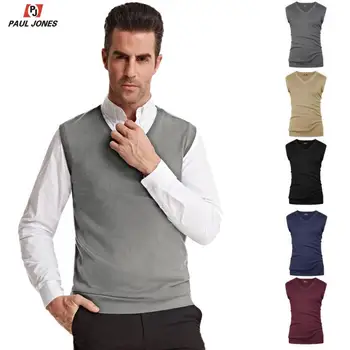 

PAUL JONES Men’s Classic V-Neck Knit Vest Sleeveless Pullover Solid Color Knitted Sweater Slim Fit Jumper Vest Knitwear PJAD1021