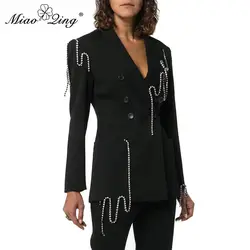 MIAOQING/осенний Блейзер однотонного цвета, женское элегантное пальто с длинными рукавами и стразами в стиле пэчворк, Женская мода 2019, новый