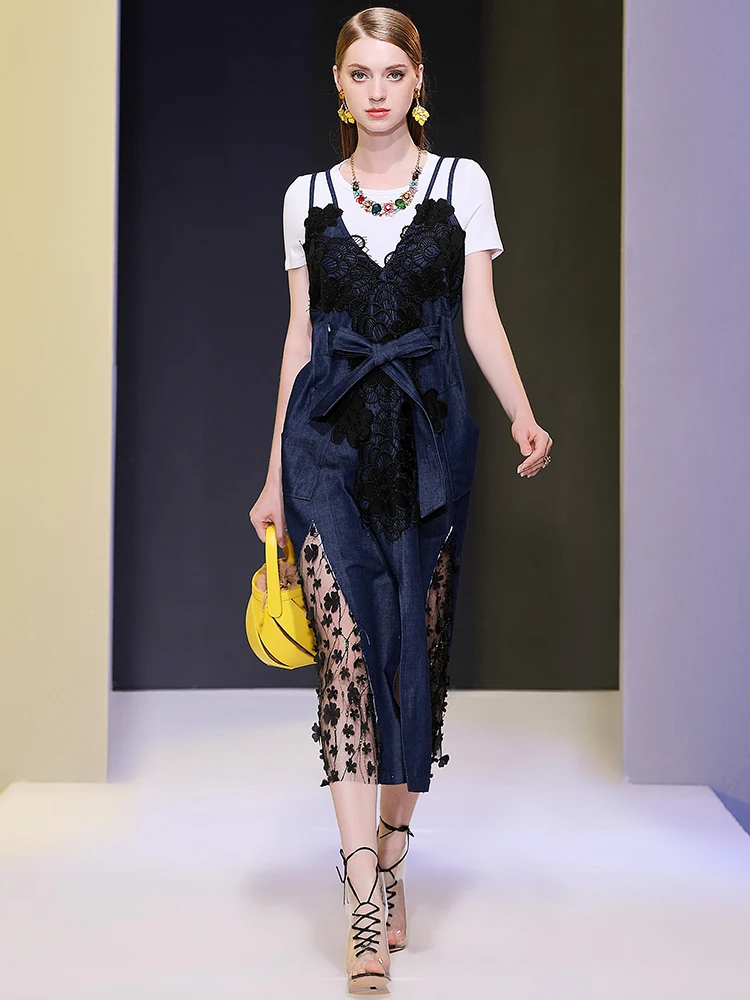 

2019 Year Fashion New Women Dresses Summer Cowboy Lace Patchwork Two Pieces/Suit Runway Long Dress Clothes Sets