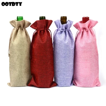 

10pcs Rustic Linen Drawstring Champagne Red Wine Bottle Bag Gift Packaging Wrapping Pouch Wedding Party Decor