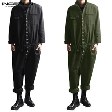INCERUN, новинка, модные мужские комбинезоны, комбинезон-карго с длинным рукавом, одноцветные штаны, Свободный комбинезон на пуговицах, мужской комбинезон, уличная одежда