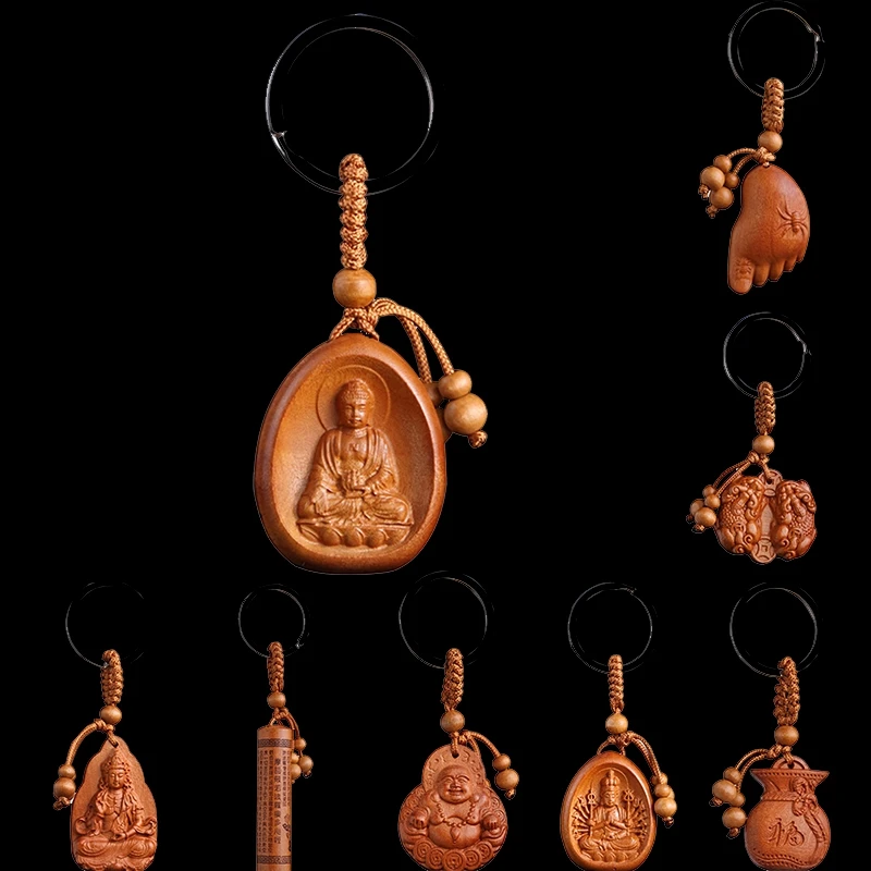 Llavero De Buda De Madera - 2 Piezas, Mini Amuleto De La Suerte, Colgante Para Llaves O Bolso