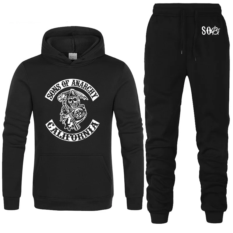 SOA Sons of anarchy/Детские модные толстовки с капюшоном с принтом черепа Мужская Повседневная флисовая толстовка мужские толстовки с капюшоном в стиле хип-хоп и штаны, комплект из 2 предметов