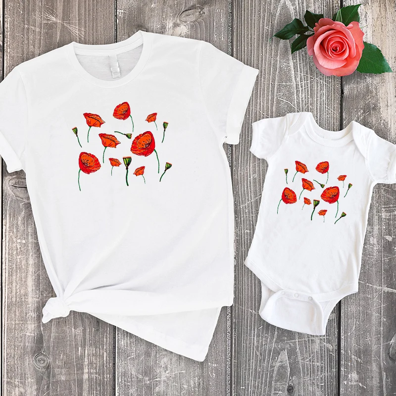 Red Flower Print Shirt Fashion 2020 Mom and Daughter Matching Clothes Sun Flower Tshirt Family Matching Outfits Big Sister