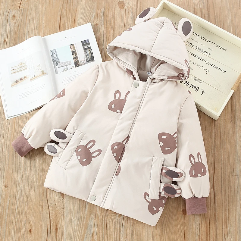 Winter Jackets Girls Rabbit Ear Hooded Patchwork Cartoon Thicken Warm Parkas 90% White Duck Down Coat For 4-10 Years Clothes