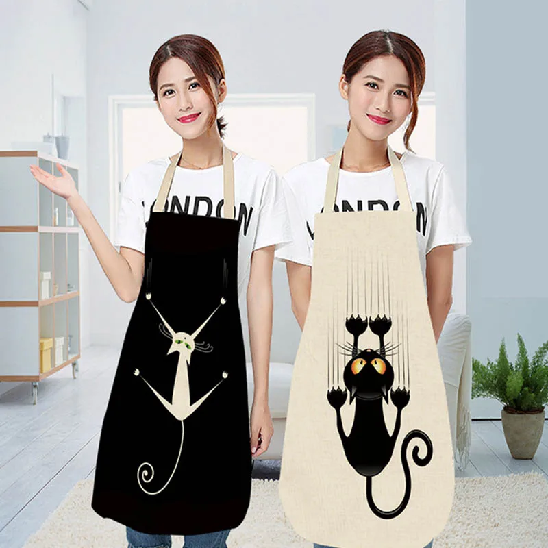 Men Women Kids Waterproof Waist Bib Sleeveless 68*49cm/49*40cm Cute Cartoon Cat Printed Home Cleaning Tools Cotton Linen Aprons