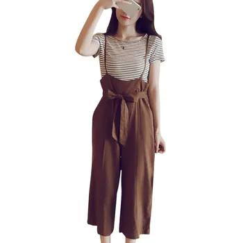 

Korean Style Simple Casual Striped Pattern Women's Set Short-sleeved Tee + Sling Wide-leg Pants 2 Pieces Set