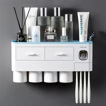

New Magnetic Toothbrush Holder With 2/3/4Cup Toothpaste Dispenser Wall Toilet Makeup Storage Rack For Bathroom Accessories