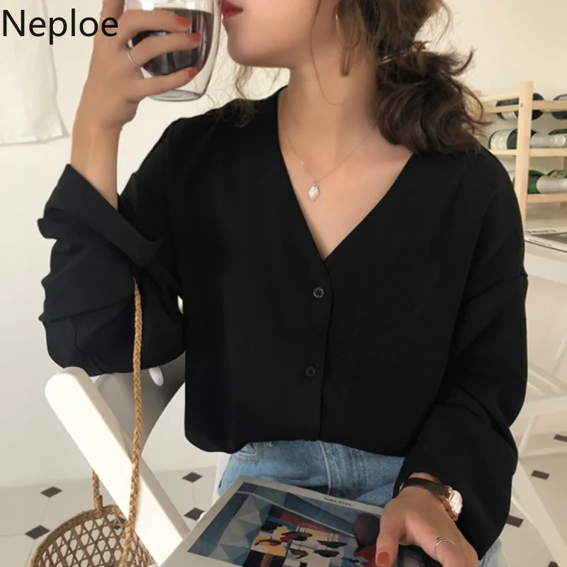 

Neploe V Neck Long Sleeve Loose Slim Blouse Women Vintage Student Wild Short Blusas Mujer Autumn Solid Button Shirt 46515