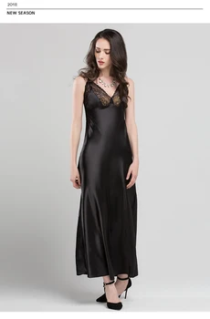 الدانتيل مثير حبال فستان النوم الساتان لباس نوم من الحرير النساء فو الحرير طويل البشاكير الإناث أكمام الخامس الرقبة قمصان النوم C1618 5