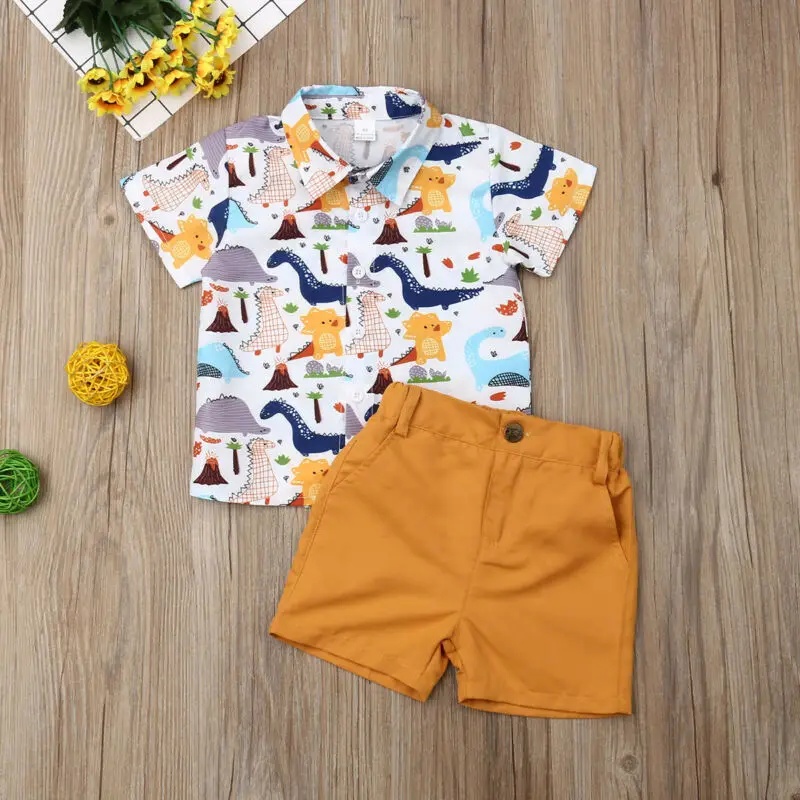 Одежда для маленьких мальчиков; комплект из 2 предметов; летние топы для новорожденных мальчиков; футболка; брюки с динозаврами; шорты; комплекты одежды