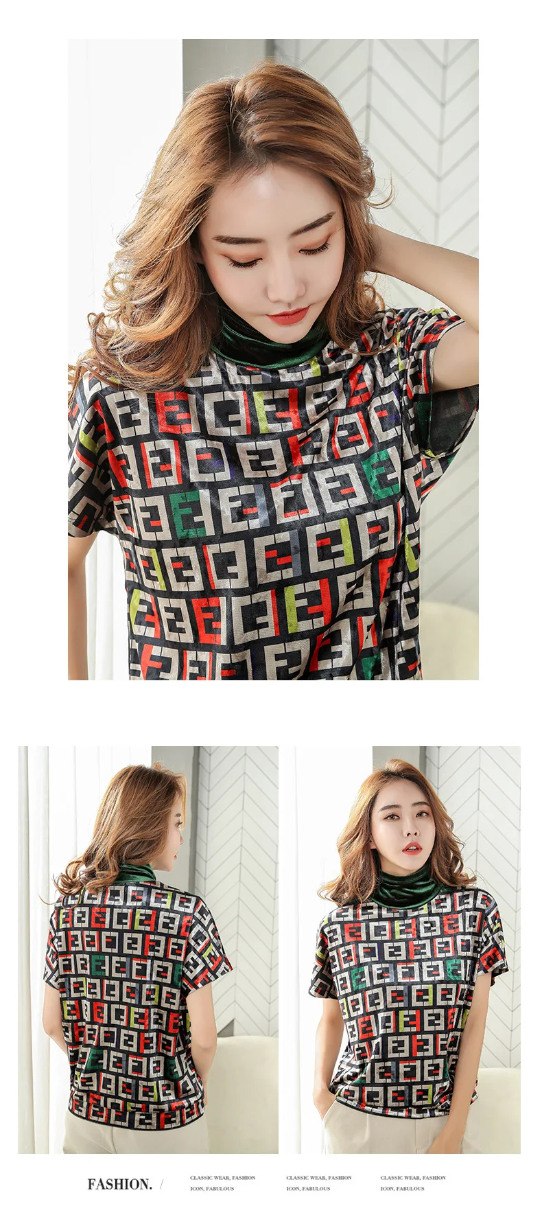 Gold Velvet New Clothes Turtleneck T-Shirt Short Sleeve T Shirt Women Summer Tops Print Woman Tshirt Casual Tee Shirt Femme