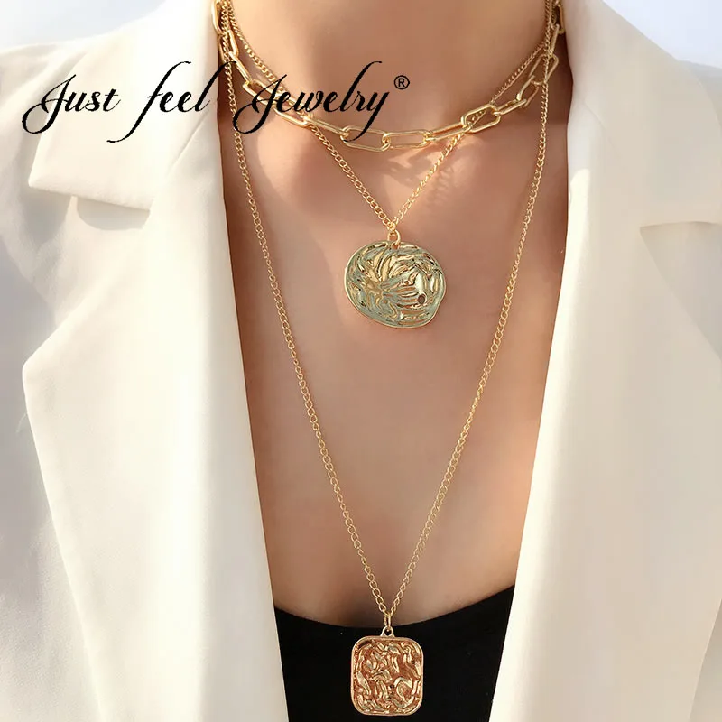 JUST FEEL Vintage Gold Silver Color Portrait Round Coin Choker Necklace Women Multi-layer Pendant Necklace Statement Accessories