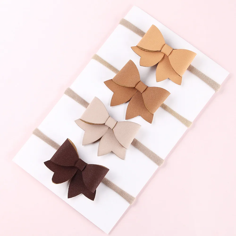 

5pcs/set 22color New Style Kids Handmade Shining Leather Bow Headband With Elastic Nylon Hair Band For Hair Accessories