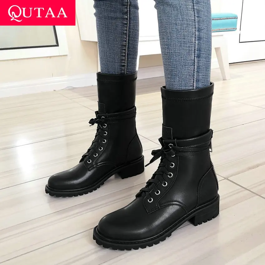 Женские сапоги до середины икры QUTAA черные из воловьей кожи на высоком устойчивом