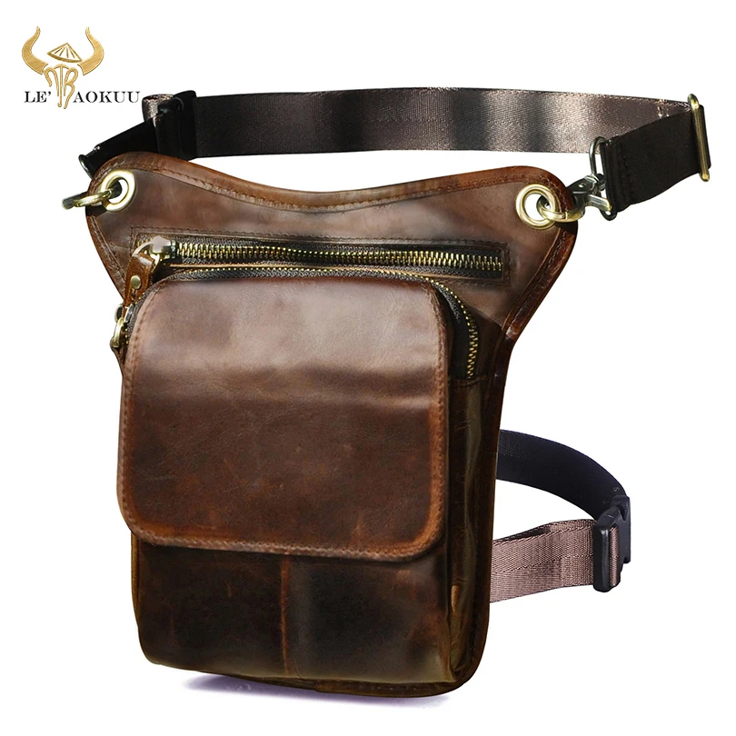 Soft Natural Leather Men Design Small Messenger Sling Bag Multifunction Fashion Fanny Waist Belt Pack Leg Drop Bag Pouch 211-1