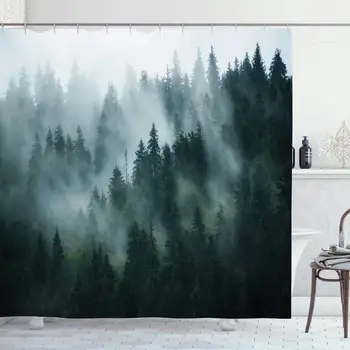 

Shower Curtain Set with Hooks 60x72 Retro Misty Fir Forest Hipster Natural Vintage Mountain Nature Parks Scene Outdoor Fairy